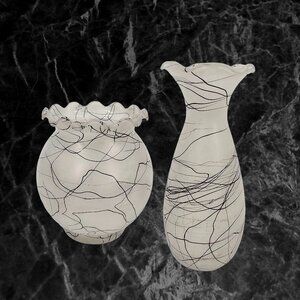 Pair of Vintage Anchor Hocking Frosted DRIZZLE Glass Vases Spaghetti String MCM